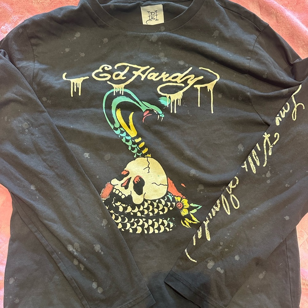 Ed Hardy Black Long Sleeve Tee with Skull and Snake Design